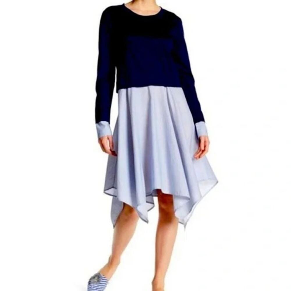 Superfoxx Navy Long Sleeve Knit Stripe Handkerchief Skirt Twofer Midi Dress